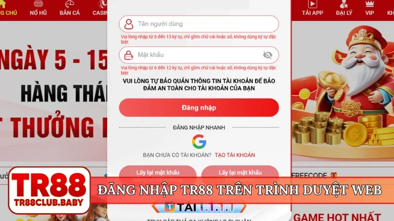 Đăng nhập TR88 trên trình duyệt web